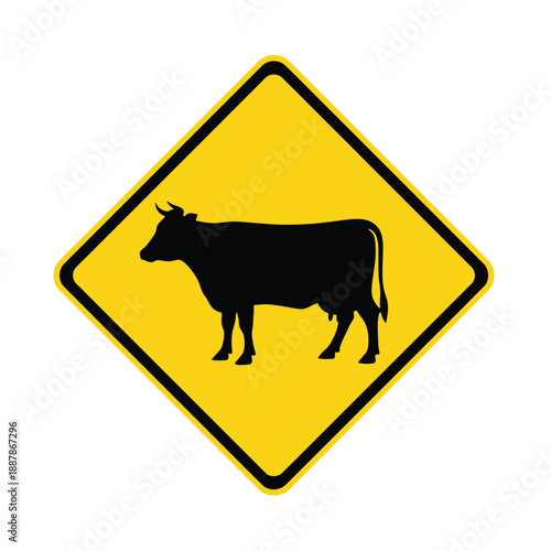 Black silhouette of a cow displayed on a yellow diamondshaped traffic warning sign isolated on transparent background