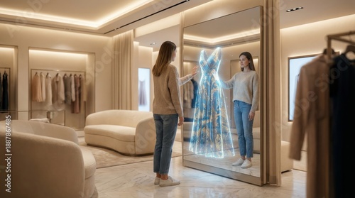 Woman standing in a modern boutique, interacting with an augmented reality smart mirror displaying a holographic dress for a virtual try on experience, showcasing future retail technology