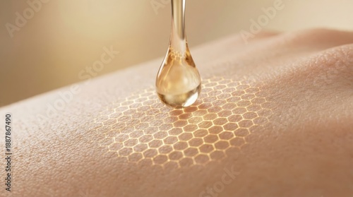 Golden serum drop nourishing and hydrating skin, forming a glowing cellular barrier texture that evokes collagen regeneration, youthful radiance and protective care