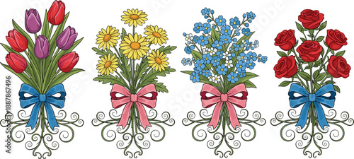 Set of four colorful spring flower bouquets with tulips daisies forget-me-nots and roses tied with blue and pink ribbons on white.
