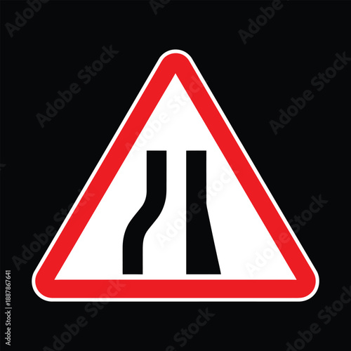 Warning road sign indicating narrow road ahead with diverging lanes on the left side