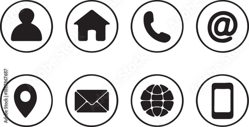 Contact and Social Media Icon Set with User, Home, Phone, Email, Location, Globe and Mobile Symbols, Black Outline Round UI UX Interface Design Pack