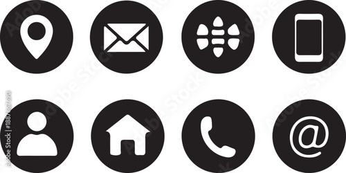 Contact Icon Set with Location, Email, Phone, Home and User Symbols, Black Round Social Media Interface Buttons, Modern UI UX Communication App Design Elements Pack