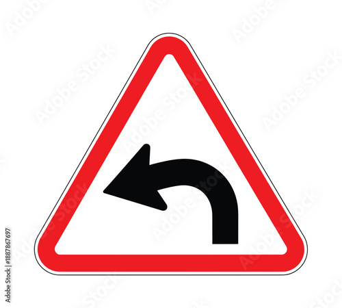 Warning traffic sign indicating a sharp left turn ahead on the road surface