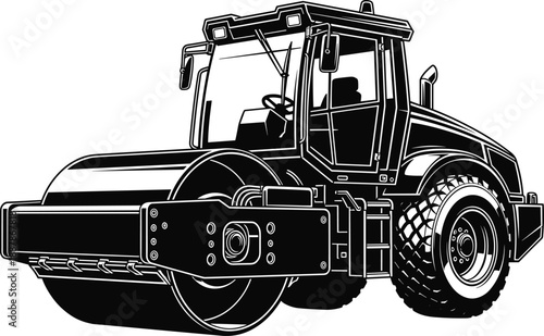 Vector illustration of a black and white heavy duty road roller machine for asphalt compaction on a white background isolated.