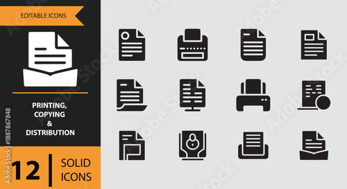 Printing, copying and distribution: a comprehensive set of solid icons for document management