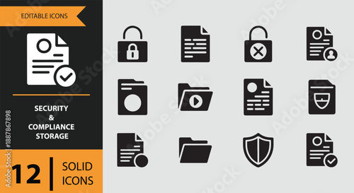 Essential solid icons for data security, compliance, and secure digital storage solutions