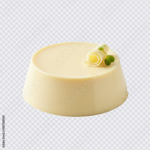A creamy, smooth milk pudding or panna cotta with a delicate ivory hue, elegantly presented and garnished with a small edible rose, perfect as a light, sophisticated dessert.
