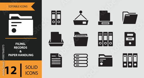 Filing, records & paper handling: 12 solid editable icons for document management