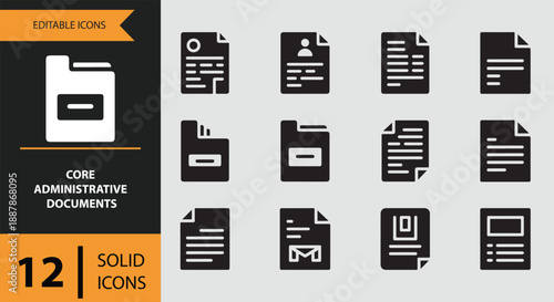 Solid icon set of core administrative documents and files for office and business needs