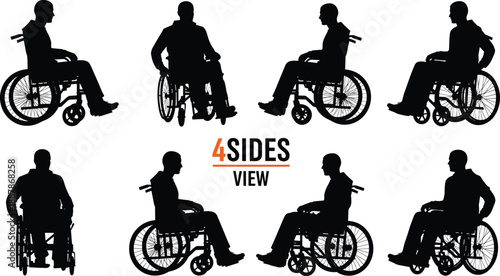 Wheelchair user silhouette, front view, back view, left side, right side, accessibility icon, disability concept, medical mobility aid, inclusive design