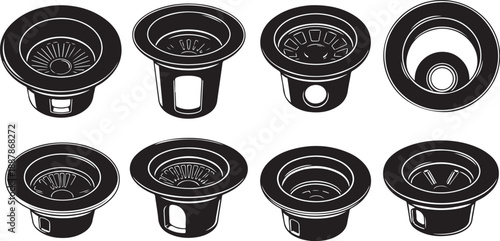 Various Black and White Kitchen Sink Drain Illustrations
