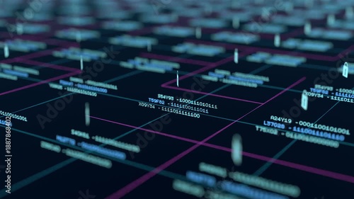 Close up data grid, information processing, network, secure encrypted data in process, data protection. Locked binary code data blocks, big data, safety, technology, security software, firewall. 