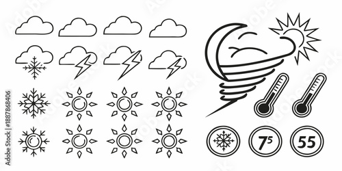 Detailed weather forecast icons depicting various conditions including clouds, storms, snow, and temperature readings from different viewpoints