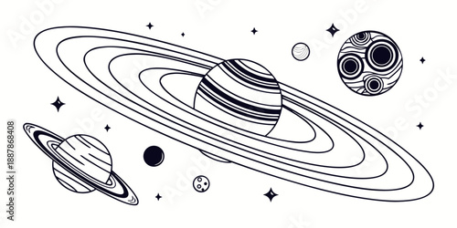 Illustration of Saturn and surrounding planets in the solar system viewed from space