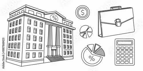 Office building with financial elements and calculator illustration