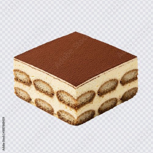 A classic square-cut slice of tiramisu featuring rich espresso-soaked ladyfingers layered with light, creamy mascarpone filling and a generous cocoa dusting.