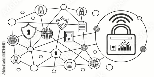 Secure Network Connection with Lock and Shield Icons Representing Data Protection and Cybersecurity Measures in a Digital Environment