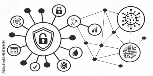 Cybersecurity measures in a digital network environment with shield icons and interconnected nodes viewed from a technical perspective