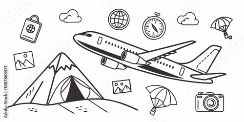 Travel illustration featuring an airplane flying over a mountain with camping gear and travel icons surrounding it from an aerial viewpoint