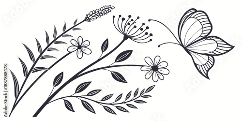 A delicate butterfly flutters around a floral stem with leaves and flowers in a whimsical illustration from a side viewpoint.