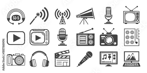 A collection of multimedia icons illustrating various media devices and tools for broadcasting and recording
