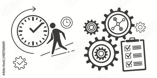 A person climbing a clock surrounded by gears and a checklist with icons illustrating productivity and time management
