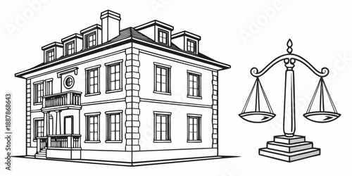 Illustration of a courthouse building with scales of justice in the foreground, symbolizing law and justice.