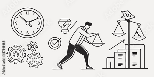 A man organizes documents near a scale and clock, symbolizing balance and time management in a professional setting.