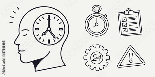 Time Management Concept with Human Head Clock, Stopwatch, and Alert Symbols Illustrations