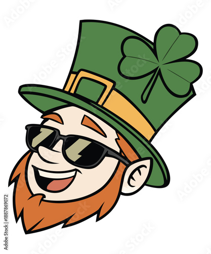 St. Patrick's Day background with a paper-cut leprechaun face and hat surrounded by clovers, and a mustache on a green background.
Irish Leprechaun Faces with sunglasses St Patrick’s Day SVG Bundle