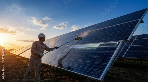 Worker performing maintenance by cleaning solar panels at the solar farm, with a digital overlay indicating cleaning progress, highlighting efficiency and sustainable energy