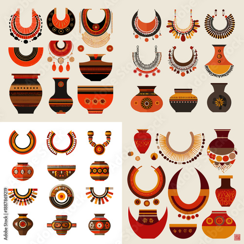 Ethnic jewelry and pottery illustration featuring traditional necklaces beads ornaments and clay vessels in warm folk art style.