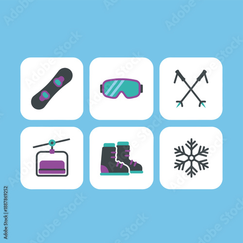 Winter Sports and Skiing Equipment Icon Set Including Snowboard Goggles Ski Poles Chairlift Boots and Snowflake for Mountain Resort Lifestyle