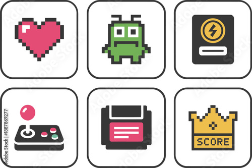 Retro 8-bit Pixel Art Video Game Icon Set Including Heart Monster Power Up Controller Floppy Disk and Score Crown for Gaming Nostalgia