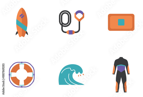 Surfing and Beach Lifestyle Equipment Icon Set Featuring Surfboard Leash Wax Lifebuoy Ocean Wave and Wetsuit for Summer Vacation and Water Sports