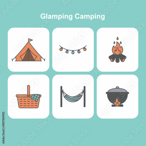 Glamping and Luxury Outdoor Camping Icon Set Featuring Tent Light Bulbs Bonfire Picnic Basket Hammock and Cooking Pot for Nature Vacation