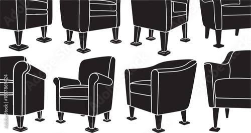 Illustration of multiple black armchairs in various positions shown