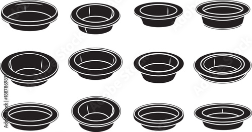 Black and white illustration of multiple empty bowls set