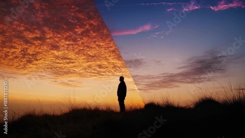 A person stands alone on a hill during a vibrant sunset transition, showcasing a dramatic change in the sky's colors and atmosphere.