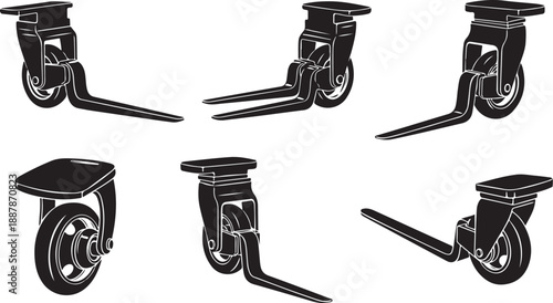 Set of furniture caster wheels in different angles shown