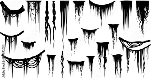 Jungle creeper silhouettes. Tropical forest lianas, rainforest hanging sprouts. Climbing liana vines flat set vector illustration
