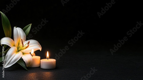 Mourning bouquet of white lilies and lit candles on dark background symbolizing condolences and remembrance