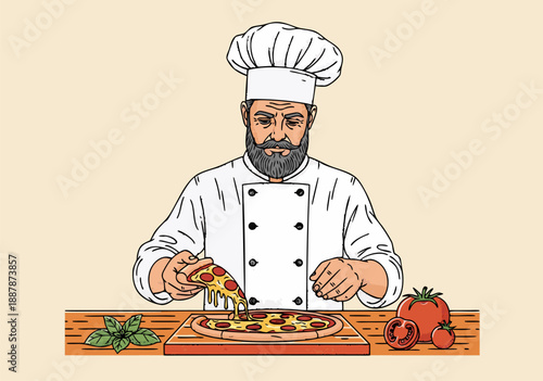 A skilled chef vector illustration preparing a delicious pizza, showcasing culinary expertise in a traditional kitchen setting