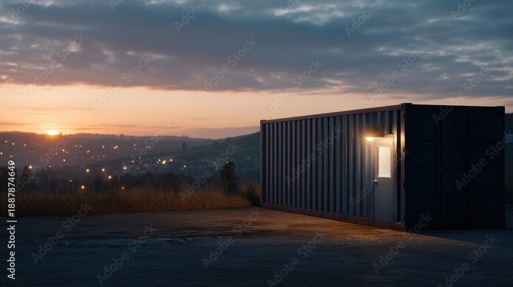 Obraz premium Sunset Over Isolated Shipping Container Setup in Dry Field with Weightlifting Equipment Nearby