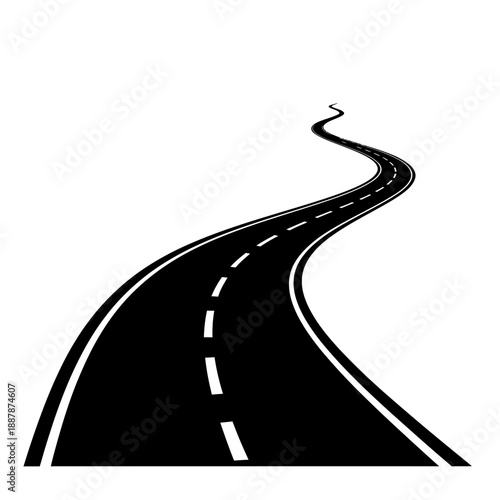 Black road with white markings curve.
