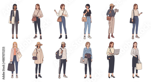 Collection of Women in Various Outfits and Accessories.