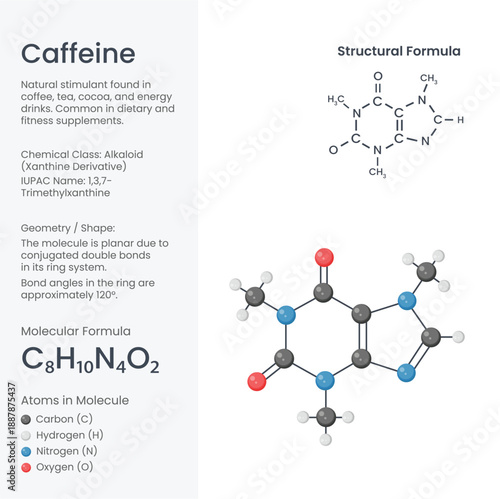 Caffeine C₈H₁₀N₄O₂ Molecular Structure, Coffee Stimulant Chemical Formula, Energy Compound Science Vector