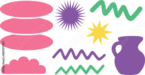 Colorful shapes and lines in pink purple green and yellow