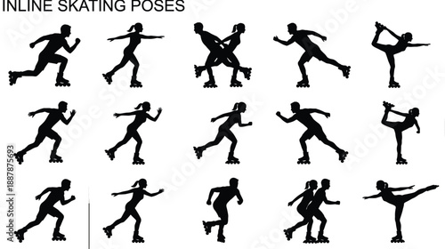 Black silhouette set of men and women in various inline skating poses and artistic rollerblading movements isolated on white background (20 words)
